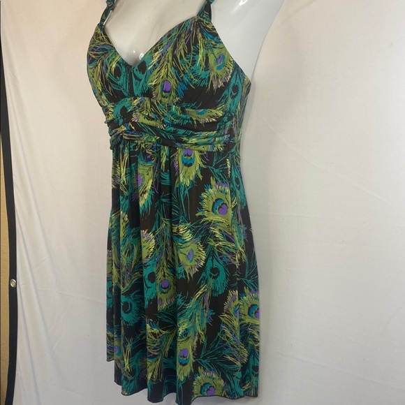 Vintage Y2K Ruby Rox Peacock Feather Halter Dress, Size L - Picture 3 of 8